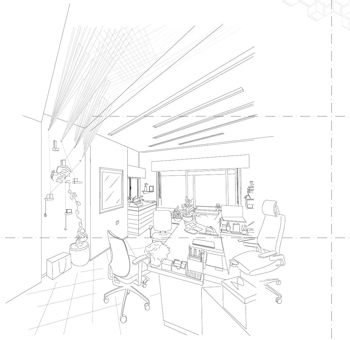 Line drawing of the Arco office interior