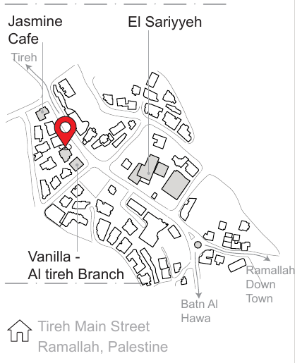 Hand-drawn map of Al-Tireh showing the Arco office near Jasmine Café and Vanilla